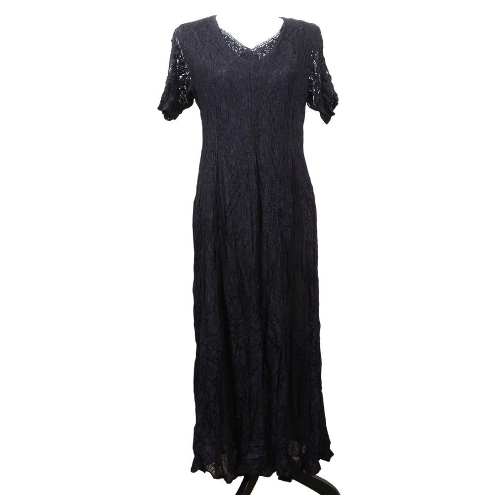 Vintage Olivia‎ 90s Black Lace Sheer Chiffon Rayon Midi Dress Goth Whimsigoth LG